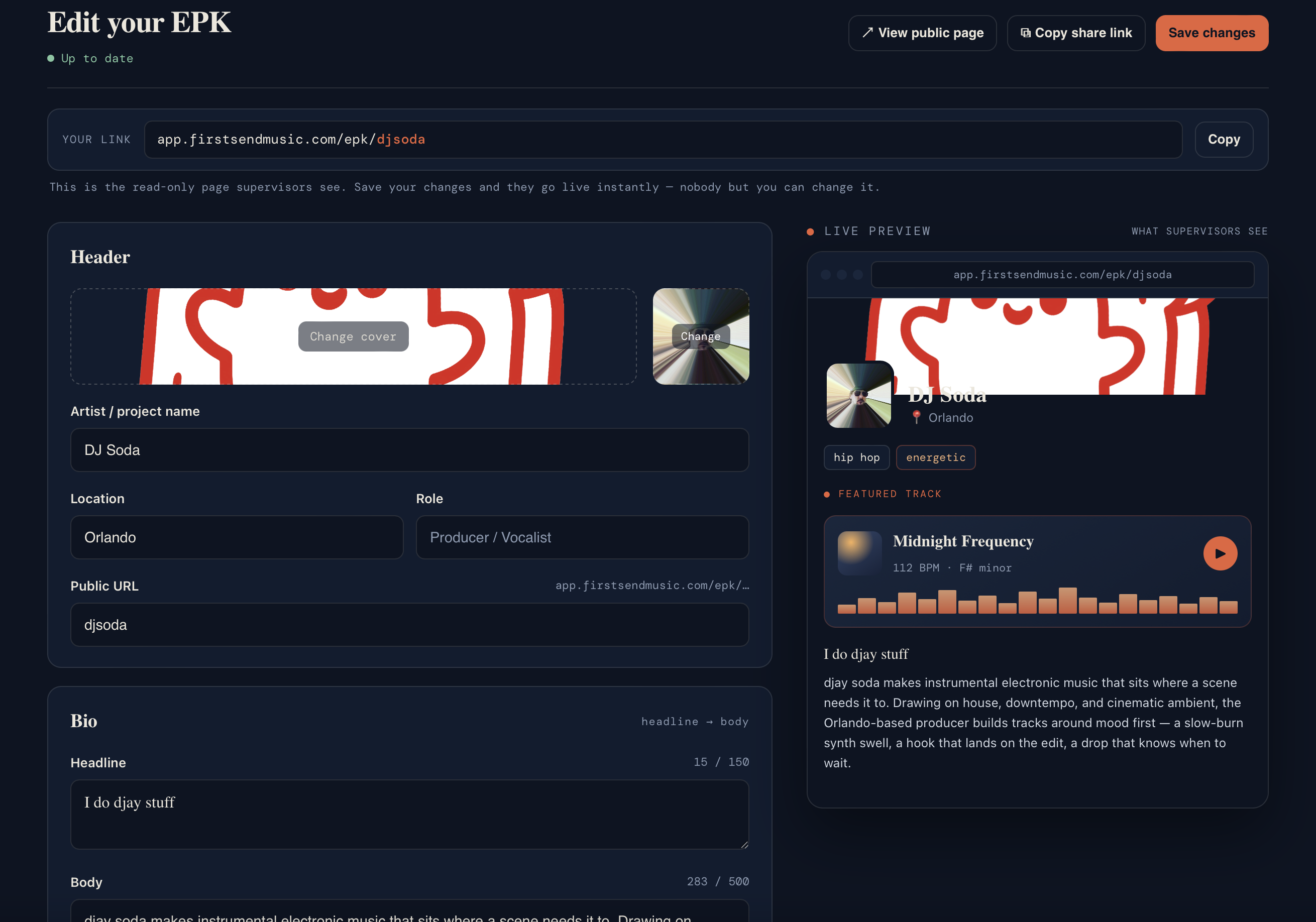 FSM EPK builder with a live preview of the read-only press kit supervisors see