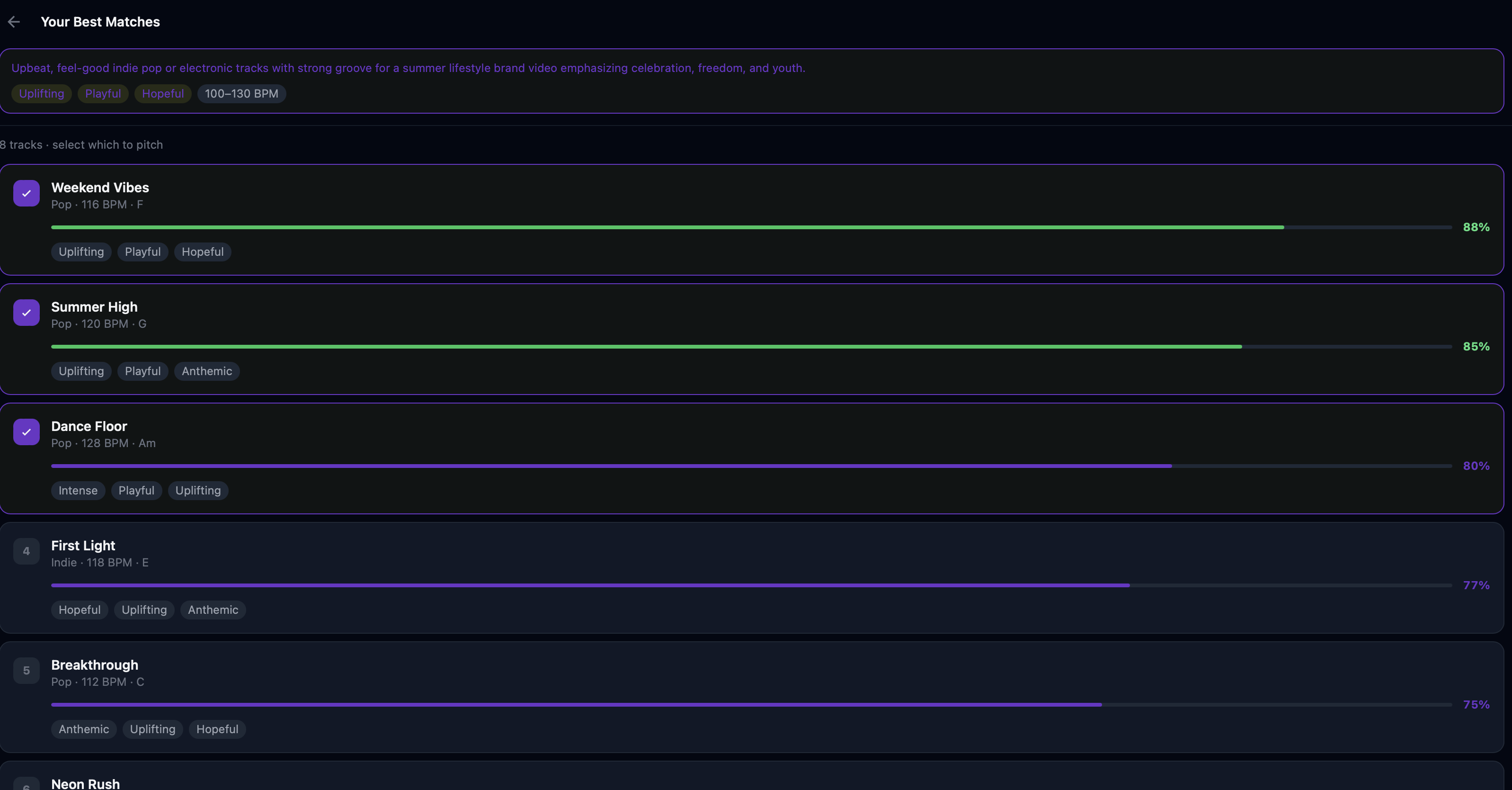 FSM best matches — tracks ranked by fit against a sync opportunity